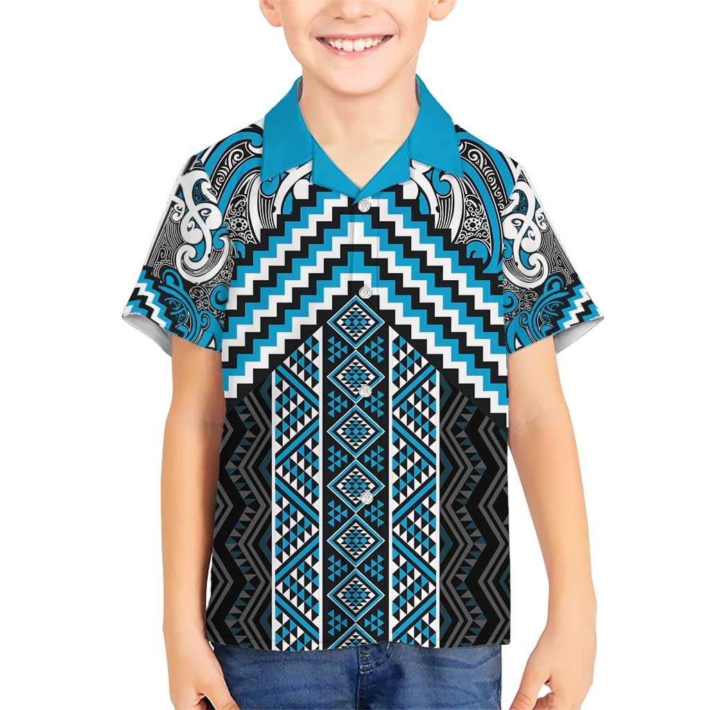 Maori Tukutuku Taniko Motifs Kid Hawaiian Shirt Turquoise Poutama Mix Kowhaiwhai LT7 Kid Turquoise - Polynesian Pride
