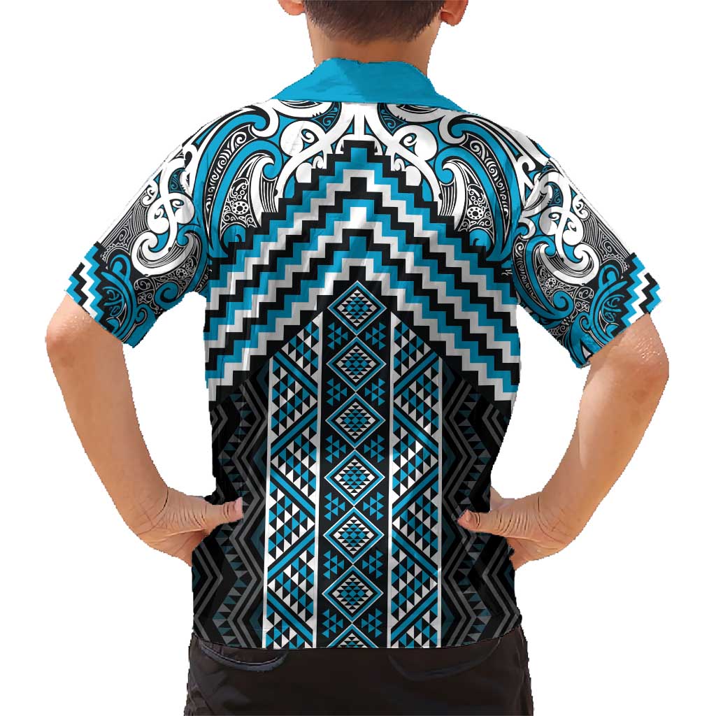 Maori Tukutuku Taniko Motifs Kid Hawaiian Shirt Turquoise Poutama Mix Kowhaiwhai