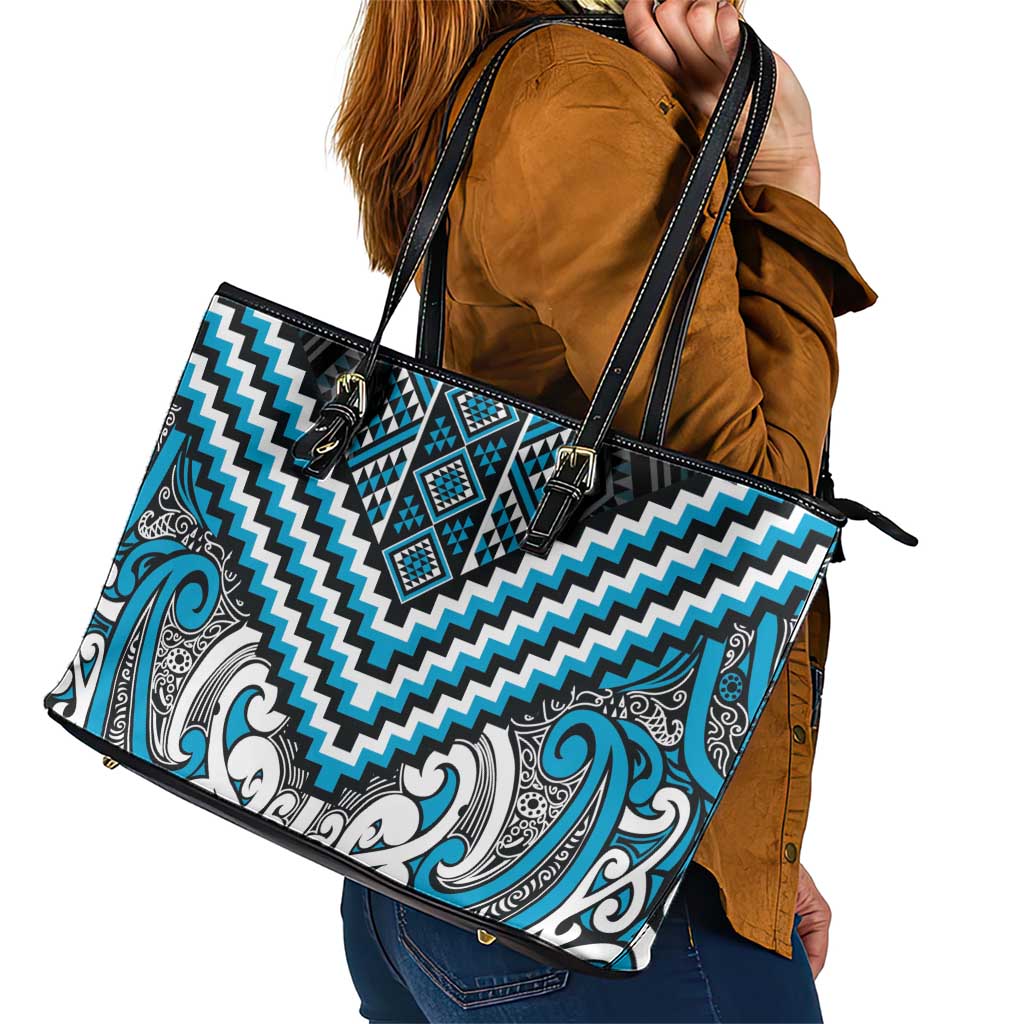 Maori Tukutuku Taniko Motifs Leather Tote Bag Turquoise Poutama Mix Kowhaiwhai