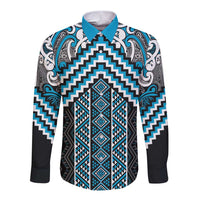Maori Tukutuku Taniko Motifs Long Sleeve Button Shirt Turquoise Poutama Mix Kowhaiwhai LT7 Unisex Turquoise - Polynesian Pride