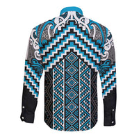 Maori Tukutuku Taniko Motifs Long Sleeve Button Shirt Turquoise Poutama Mix Kowhaiwhai LT7 - Polynesian Pride