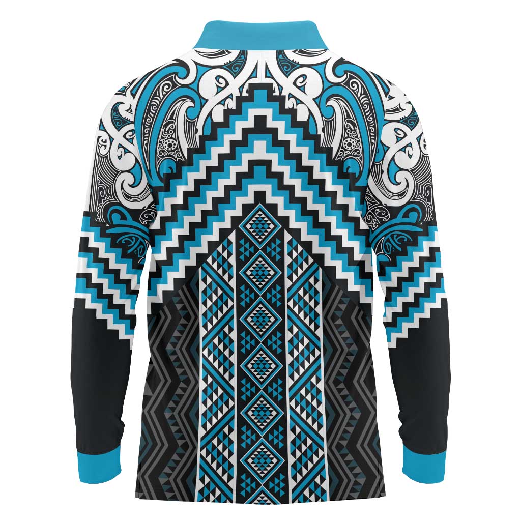Maori Tukutuku Taniko Motifs Long Sleeve Polo Shirt Turquoise Poutama Mix Kowhaiwhai