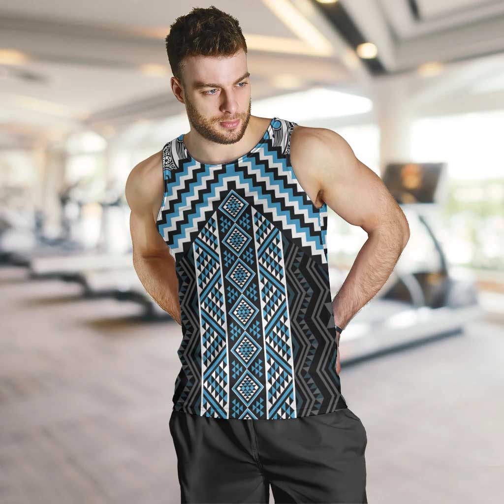 Maori Tukutuku Taniko Motifs Men Tank Top Turquoise Poutama Mix Kowhaiwhai