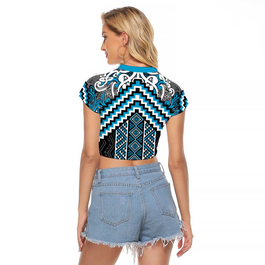 Maori Tukutuku Taniko Motifs Raglan Cropped T Shirt Turquoise Poutama Mix Kowhaiwhai