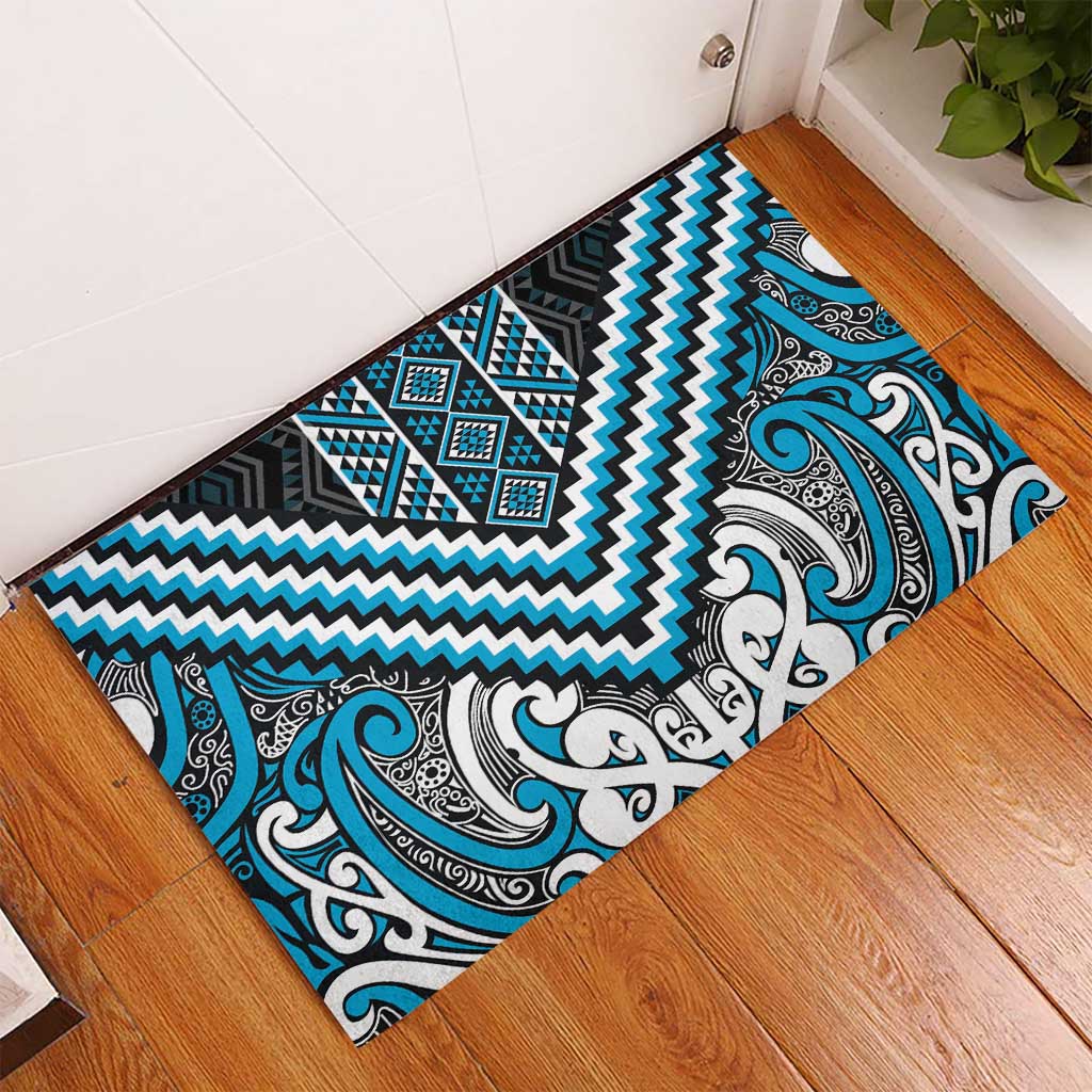 Maori Tukutuku Taniko Motifs Rubber Doormat Turquoise Poutama Mix Kowhaiwhai
