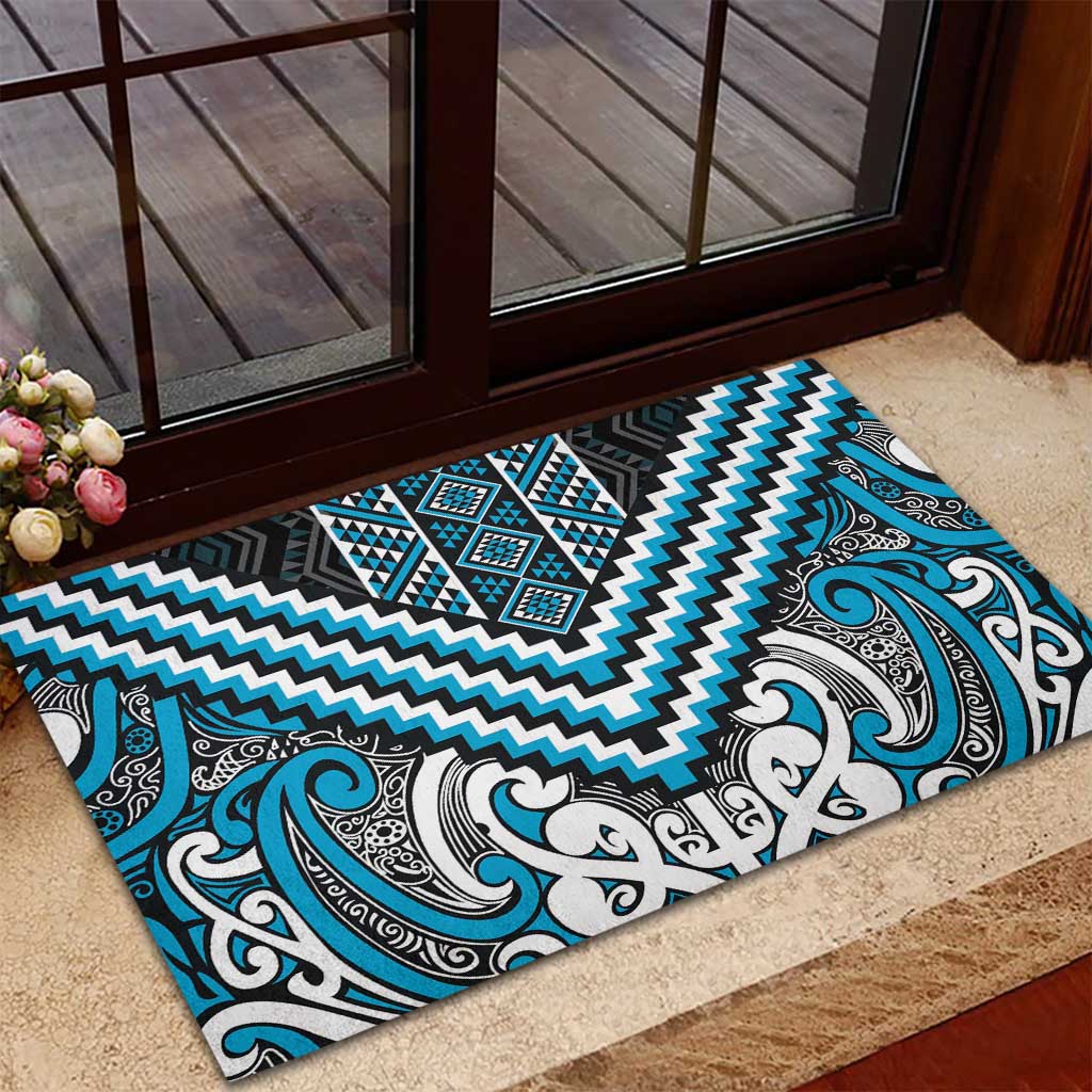 Maori Tukutuku Taniko Motifs Rubber Doormat Turquoise Poutama Mix Kowhaiwhai