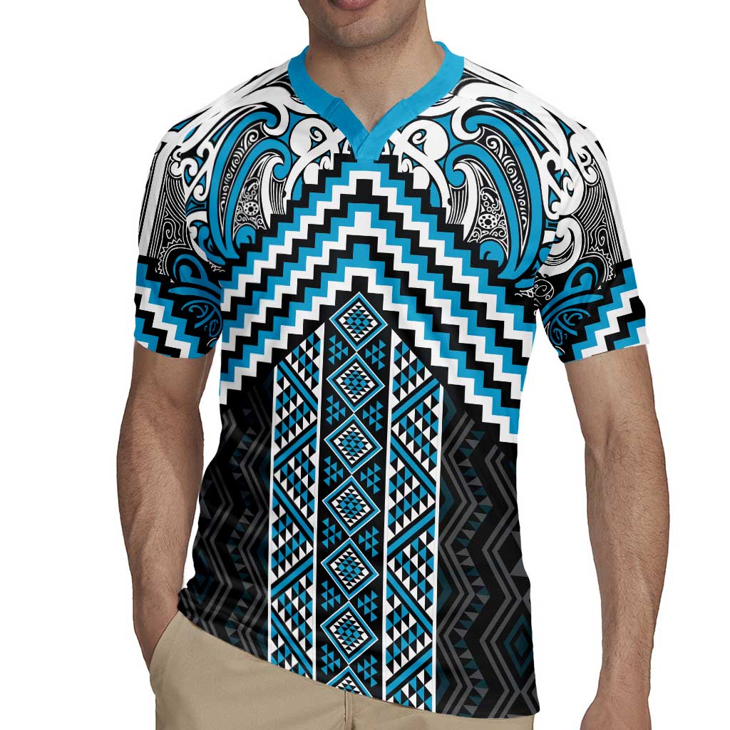 Maori Tukutuku Taniko Motifs Rugby Jersey Turquoise Poutama Mix Kowhaiwhai