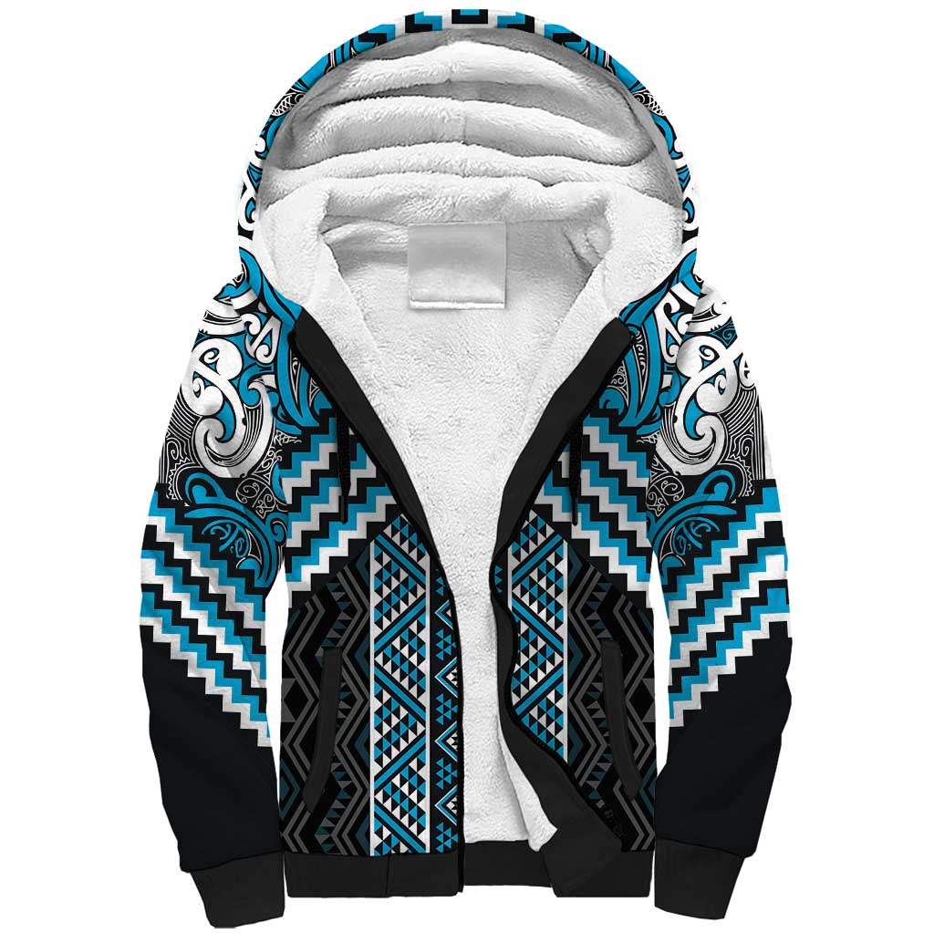Maori Tukutuku Taniko Motifs Sherpa Hoodie Turquoise Poutama Mix Kowhaiwhai