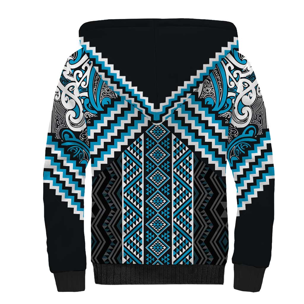 Maori Tukutuku Taniko Motifs Sherpa Hoodie Turquoise Poutama Mix Kowhaiwhai