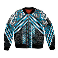 Maori Tukutuku Taniko Motifs Sleeve Zip Bomber Jacket Turquoise Poutama Mix Kowhaiwhai