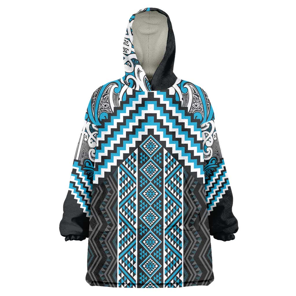 Maori Tukutuku Taniko Motifs Wearable Blanket Hoodie Turquoise Poutama Mix Kowhaiwhai