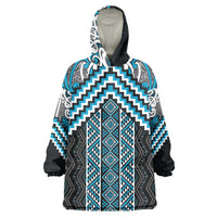 Maori Tukutuku Taniko Motifs Wearable Blanket Hoodie Turquoise Poutama Mix Kowhaiwhai