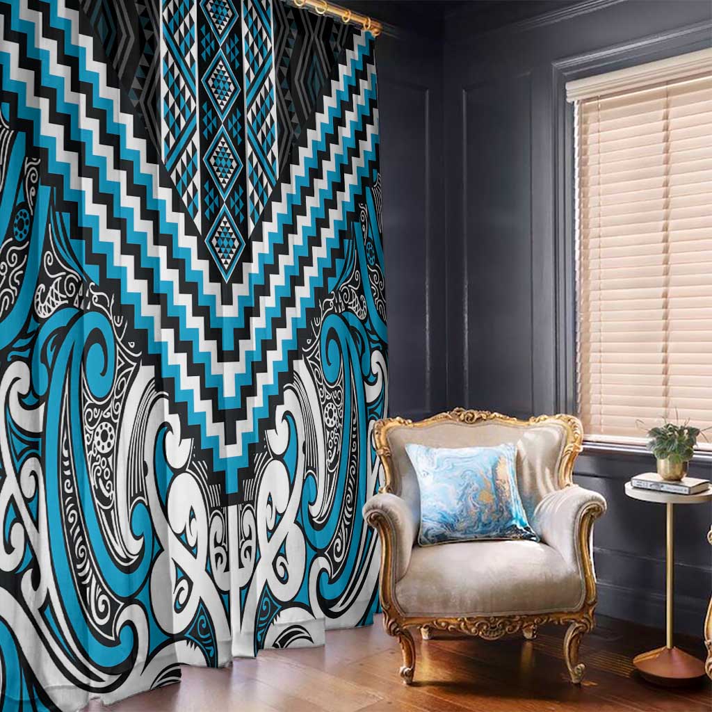 Maori Tukutuku Taniko Motifs Window Curtain Turquoise Poutama Mix Kowhaiwhai