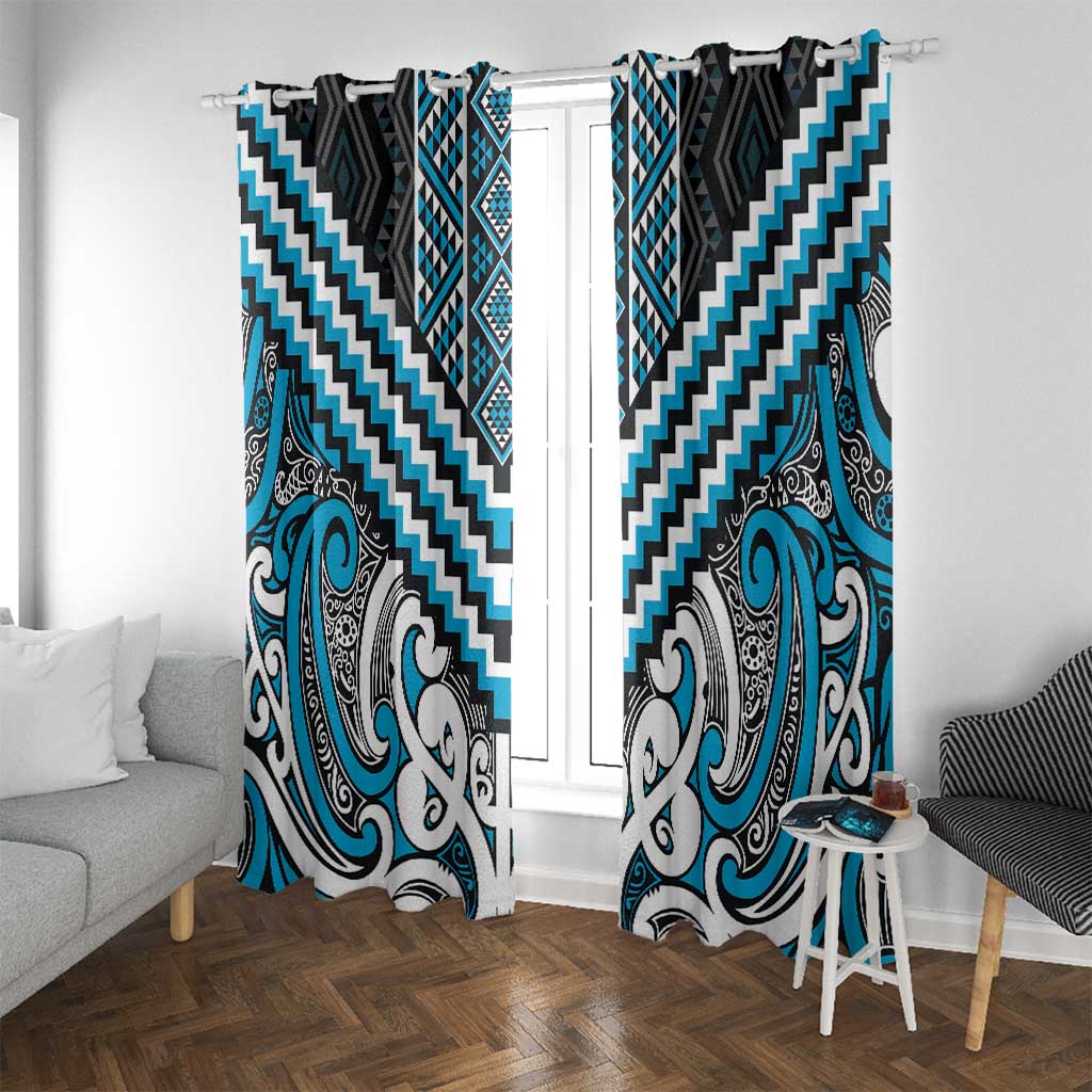 Maori Tukutuku Taniko Motifs Window Curtain Turquoise Poutama Mix Kowhaiwhai