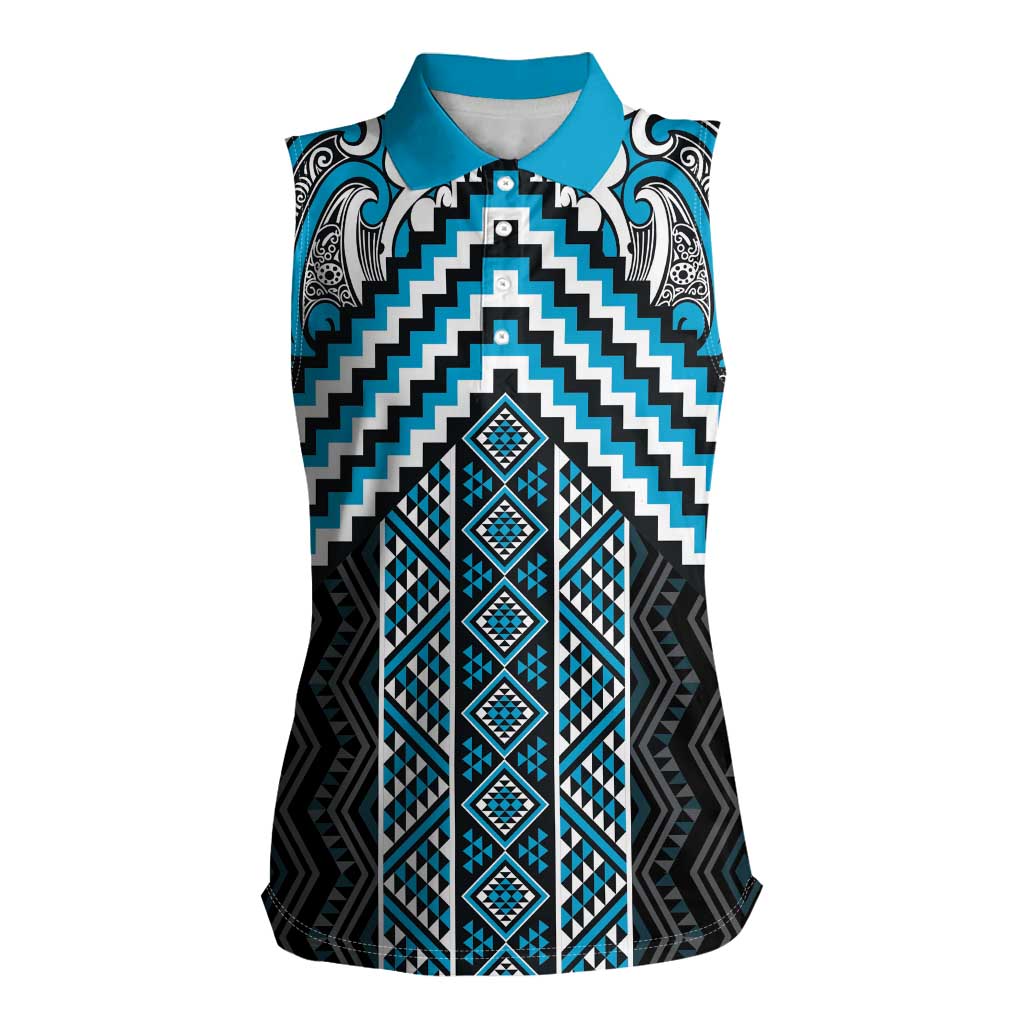 Maori Tukutuku Taniko Motifs Women Sleeveless Polo Shirt Turquoise Poutama Mix Kowhaiwhai