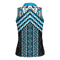 Maori Tukutuku Taniko Motifs Women Sleeveless Polo Shirt Turquoise Poutama Mix Kowhaiwhai
