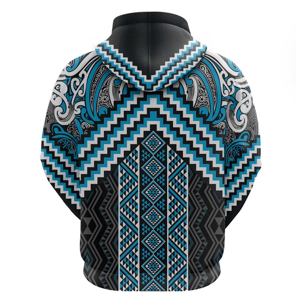 Maori Tukutuku Taniko Motifs Zip Hoodie Turquoise Poutama Mix Kowhaiwhai