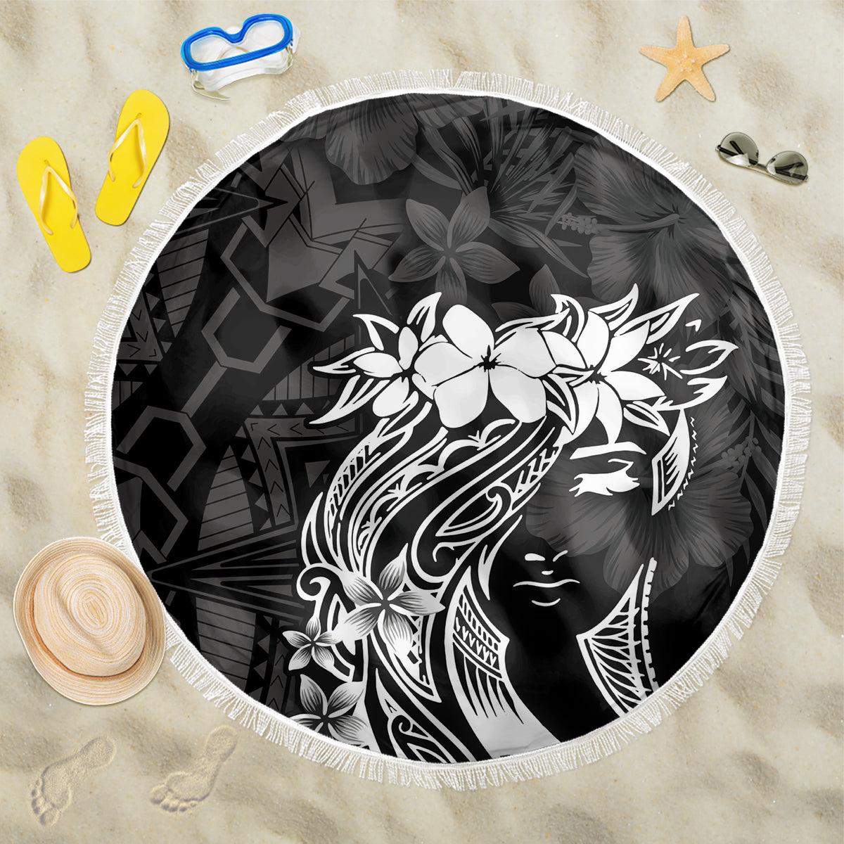 Polynesian Women's Day Beach Blanket Plumeria Passion - Black LT7 One Size 150cm Black - Polynesian Pride