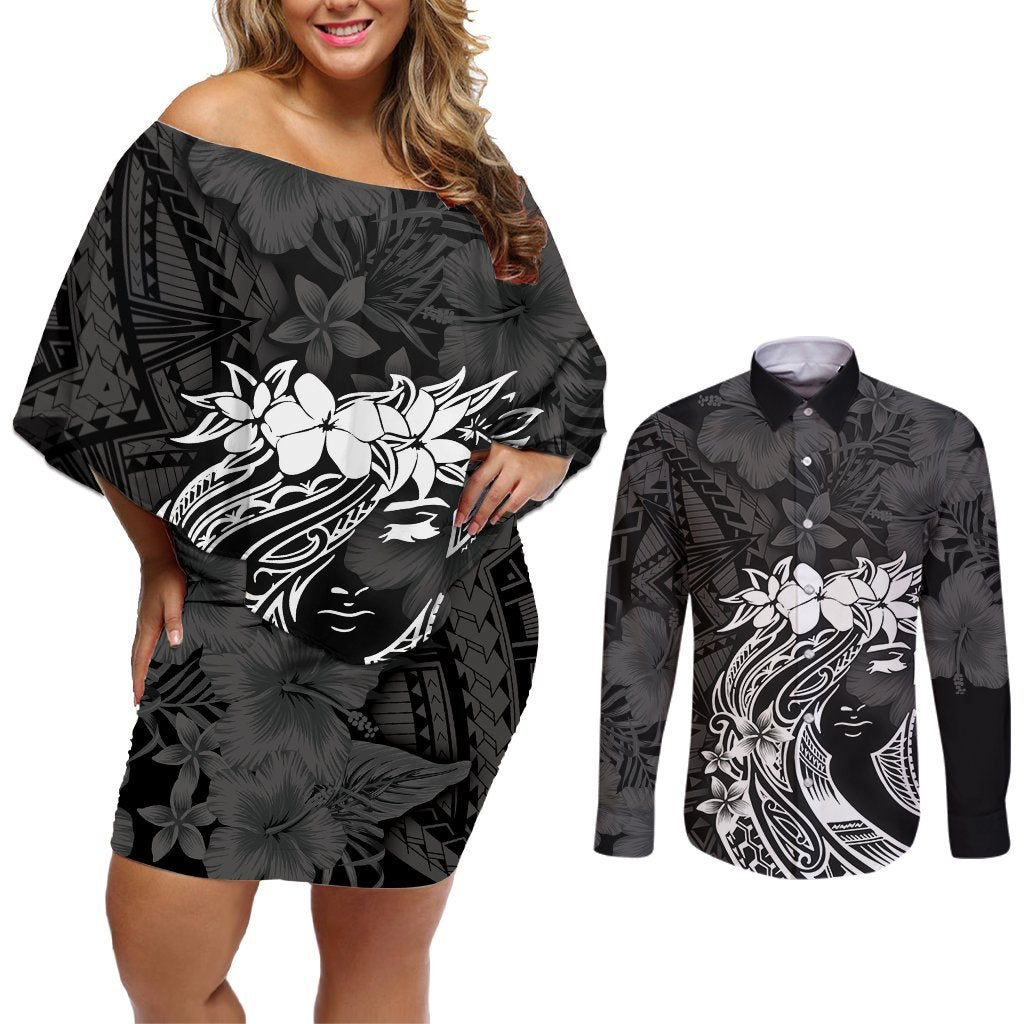 Polynesian Women's Day Couples Matching Off Shoulder Short Dress and Long Sleeve Button Shirt Plumeria Passion - Black LT7 Black - Polynesian Pride