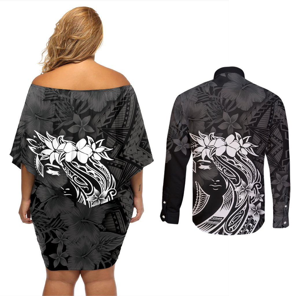 Polynesian Women's Day Couples Matching Off Shoulder Short Dress and Long Sleeve Button Shirt Plumeria Passion - Black LT7 - Polynesian Pride