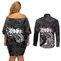 Polynesian Women's Day Couples Matching Off Shoulder Short Dress and Long Sleeve Button Shirt Plumeria Passion - Black LT7 - Polynesian Pride