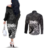 Polynesian Women's Day Couples Matching Off The Shoulder Long Sleeve Dress and Long Sleeve Button Shirt Plumeria Passion - Black LT7 - Polynesian Pride