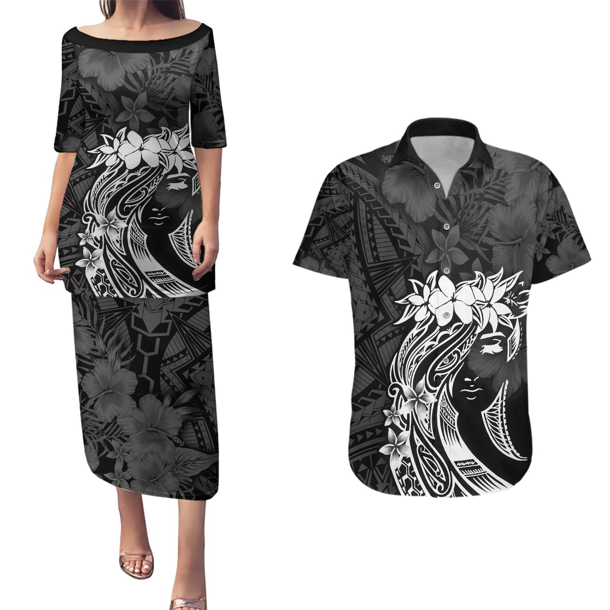 Polynesian Women's Day Couples Matching Puletasi and Hawaiian Shirt Plumeria Passion - Black LT7 Black - Polynesian Pride
