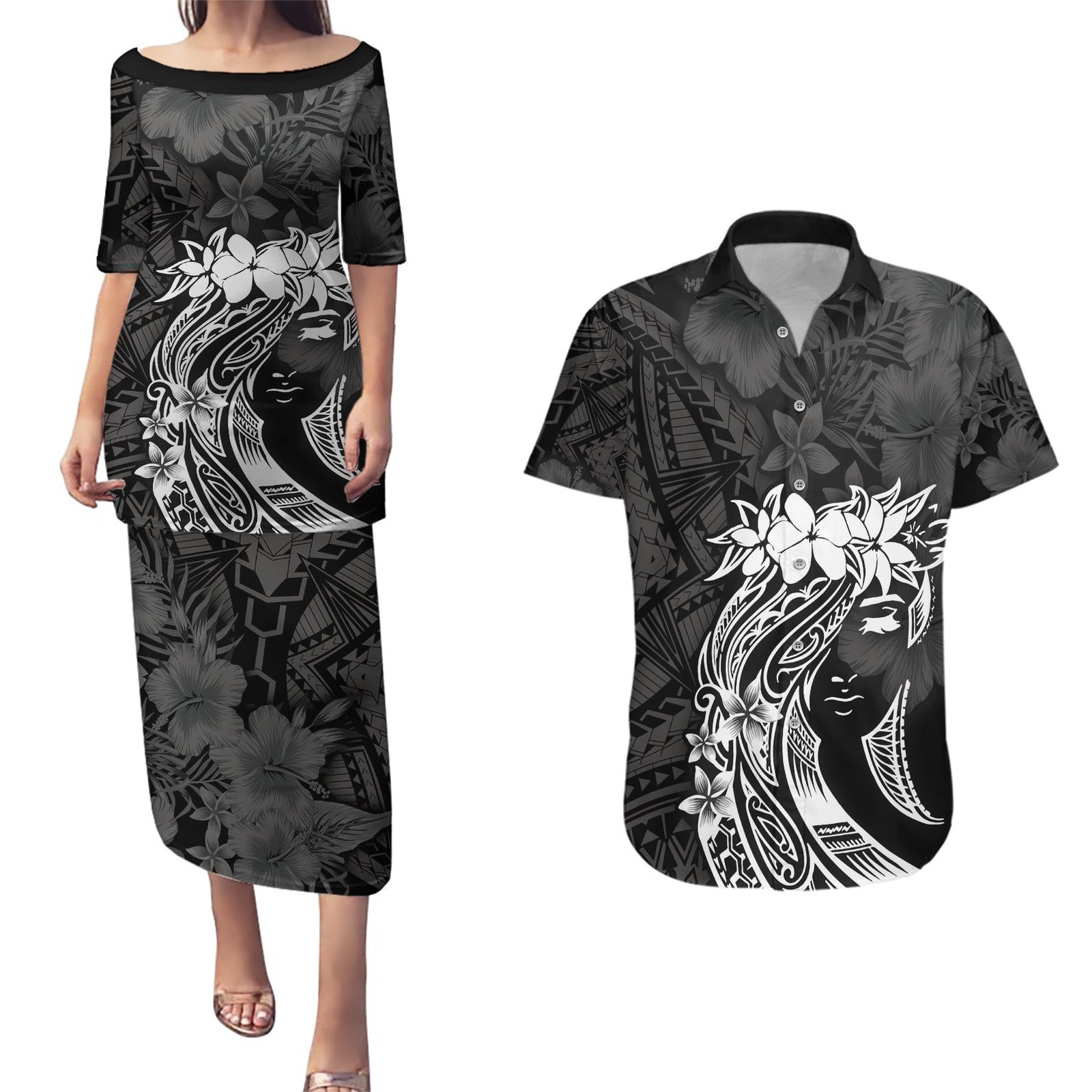 Polynesian Women's Day Couples Matching Puletasi and Hawaiian Shirt Plumeria Passion - Black LT7 Black - Polynesian Pride