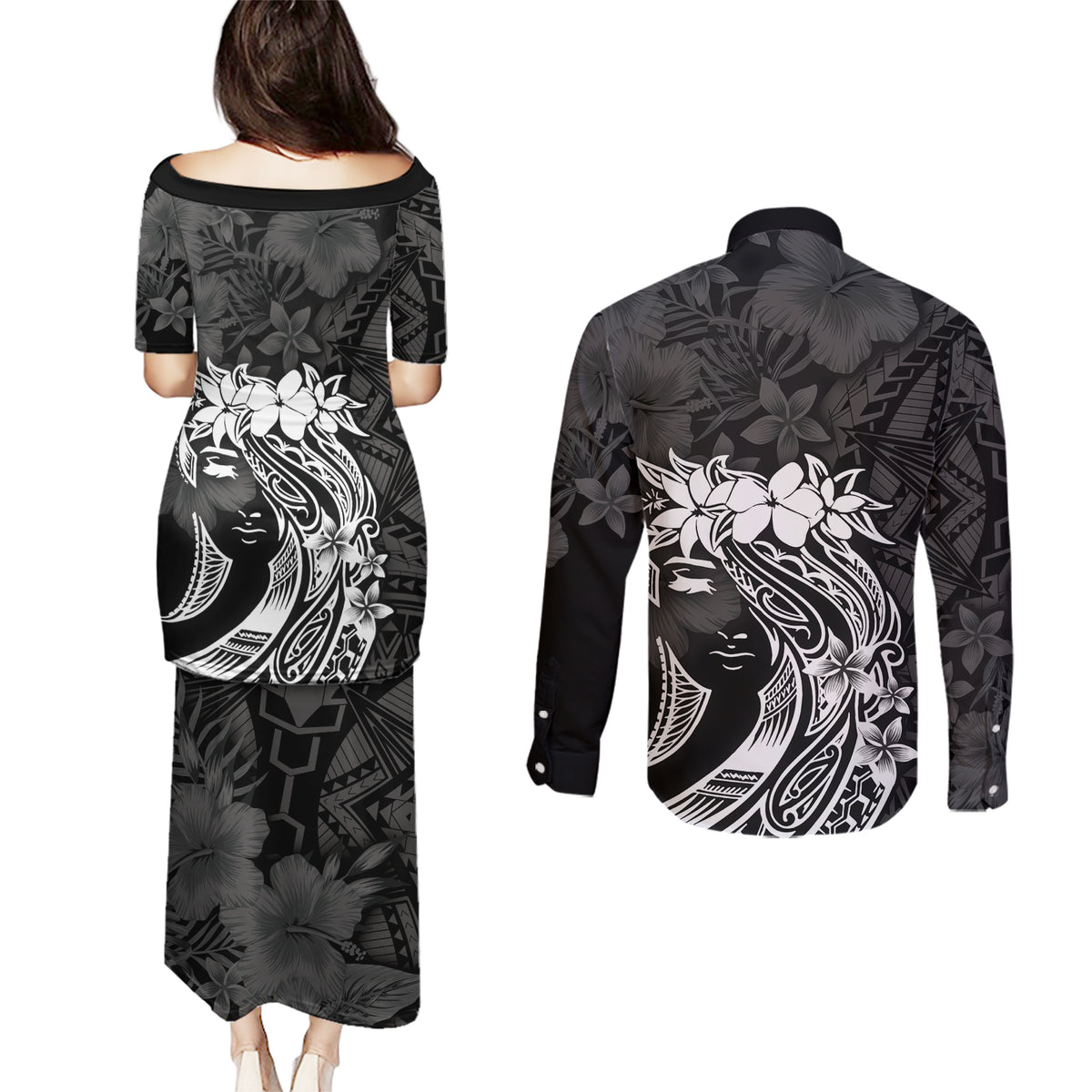 Polynesian Women's Day Couples Matching Puletasi and Long Sleeve Button Shirt Plumeria Passion - Black LT7 - Polynesian Pride