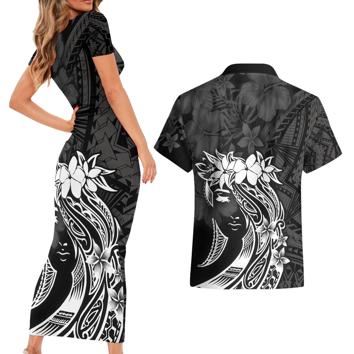 Polynesian Women's Day Couples Matching Short Sleeve Bodycon Dress and Hawaiian Shirt Plumeria Passion - Black LT7 - Polynesian Pride