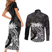 Polynesian Women's Day Couples Matching Short Sleeve Bodycon Dress and Long Sleeve Button Shirt Plumeria Passion - Black LT7 - Polynesian Pride