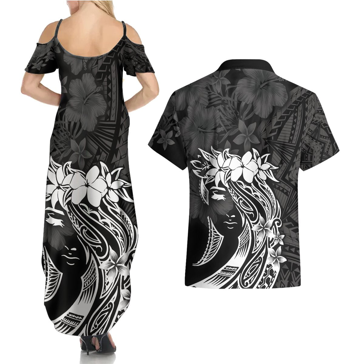 Polynesian Women's Day Couples Matching Summer Maxi Dress and Hawaiian Shirt Plumeria Passion - Black LT7 - Polynesian Pride