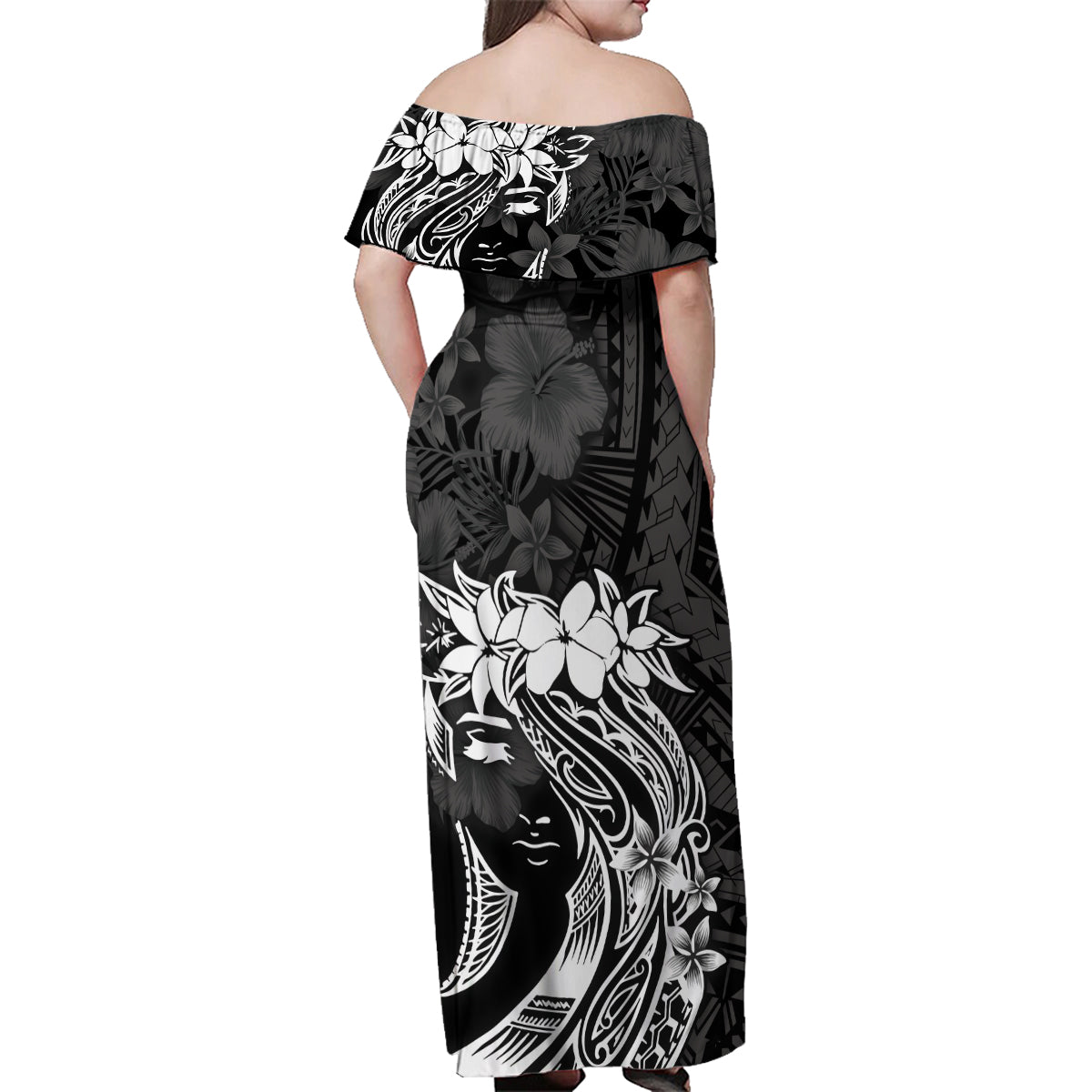Polynesian Women's Day Family Matching Off Shoulder Maxi Dress and Hawaiian Shirt Plumeria Passion - Black LT7 - Polynesian Pride