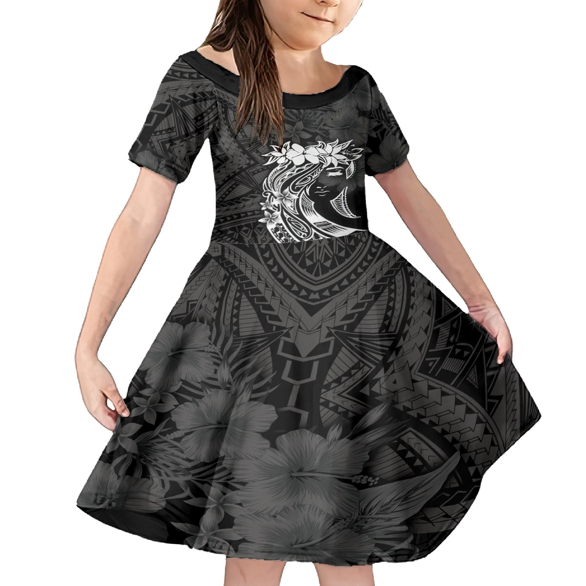 Polynesian Women's Day Family Matching Off Shoulder Short Dress and Hawaiian Shirt Plumeria Passion - Black LT7 Daughter's Dress Black - Polynesian Pride