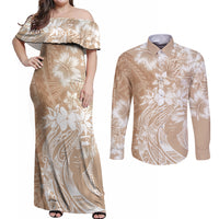 Polynesian Women's Day Couples Matching Off Shoulder Maxi Dress and Long Sleeve Button Shirt Plumeria Passion - Beige LT7 Beige - Polynesian Pride