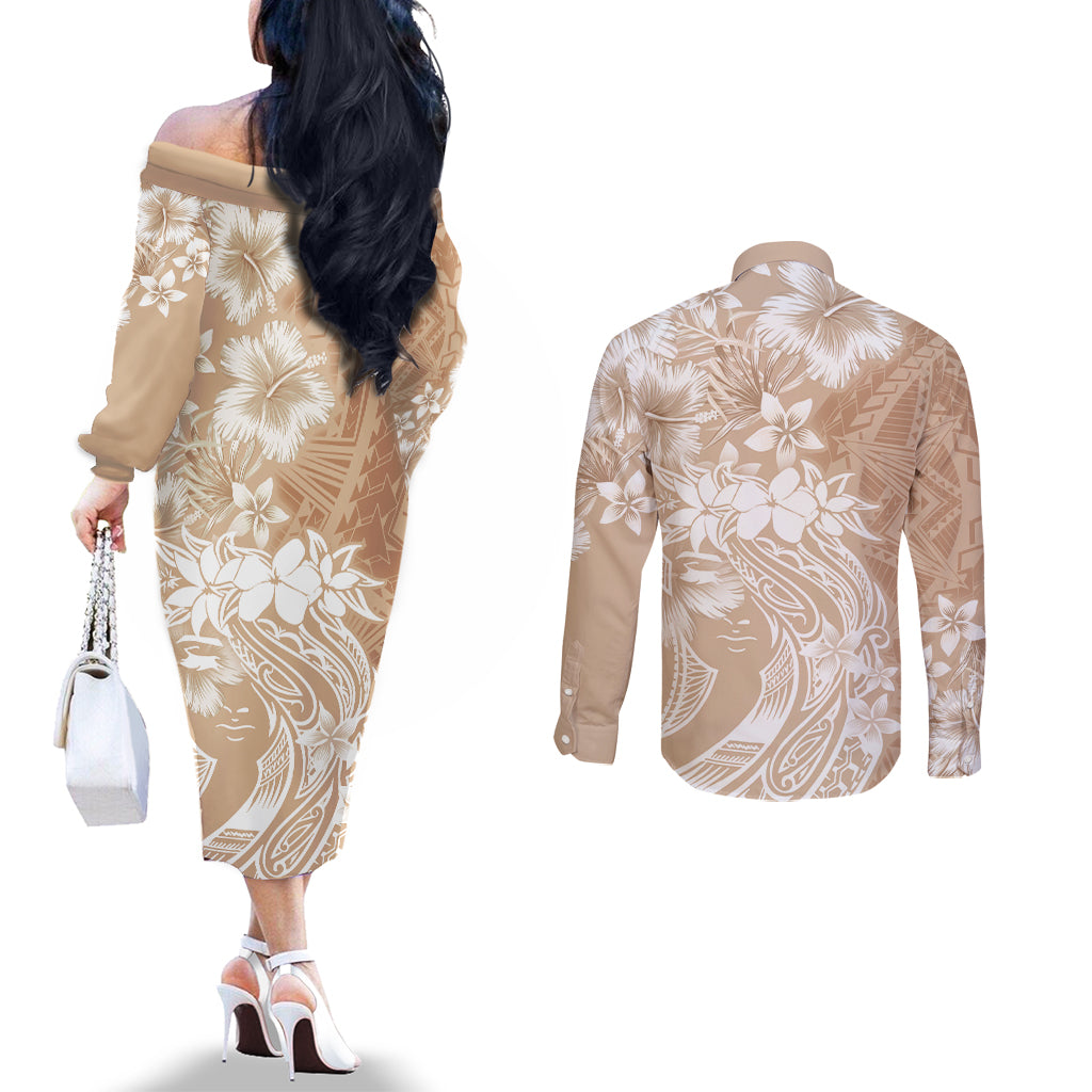 Polynesian Women's Day Couples Matching Off The Shoulder Long Sleeve Dress and Long Sleeve Button Shirt Plumeria Passion - Beige LT7 - Polynesian Pride