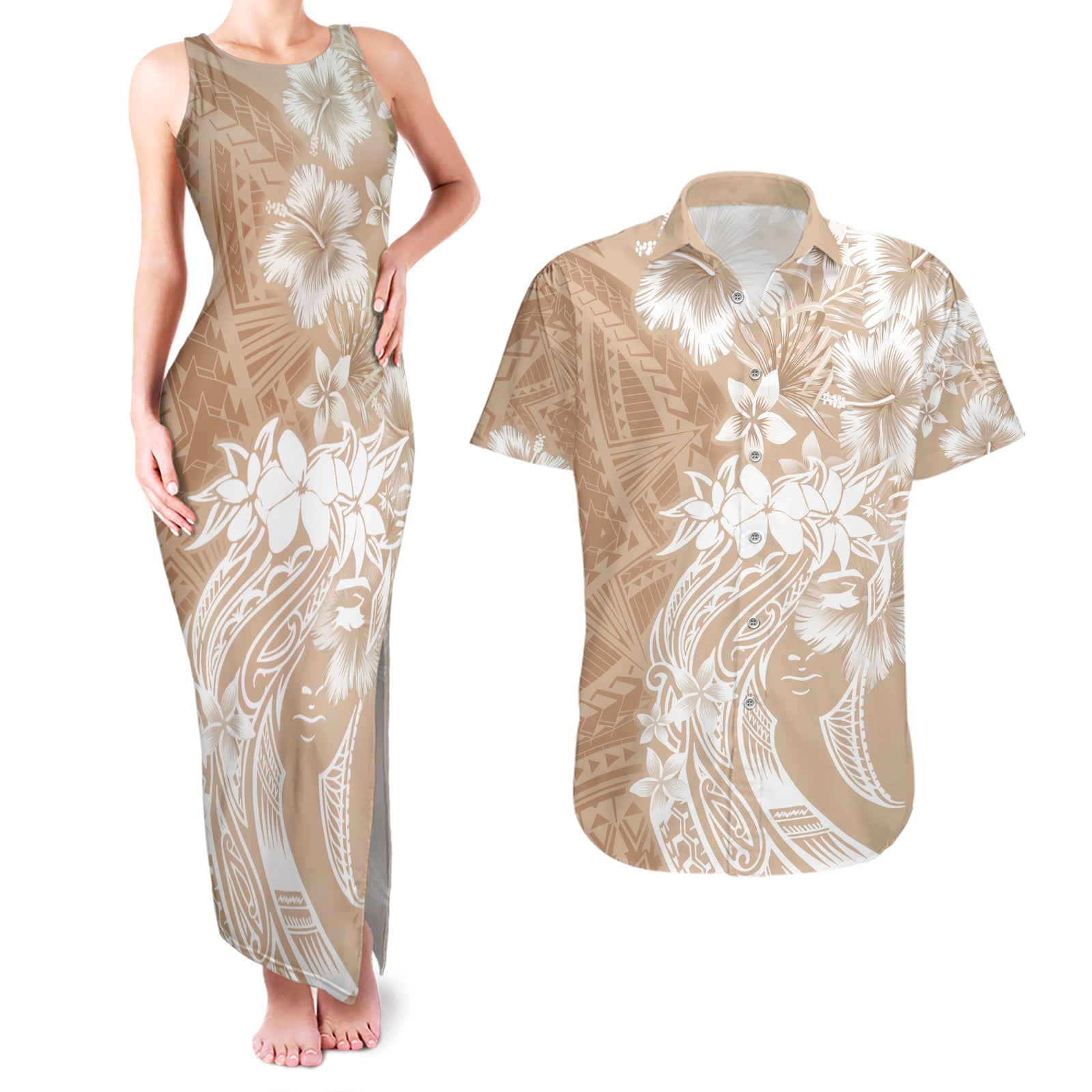 Polynesian Women's Day Couples Matching Tank Maxi Dress and Hawaiian Shirt Plumeria Passion - Beige LT7 Beige - Polynesian Pride