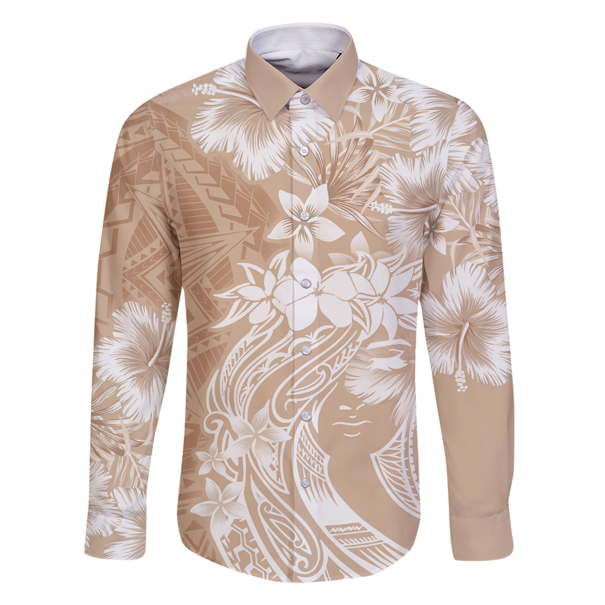 Polynesian Women's Day Family Matching Long Sleeve Bodycon Dress and Hawaiian Shirt Plumeria Passion - Beige LT7 Dad's Shirt - Long Sleeve Beige - Polynesian Pride