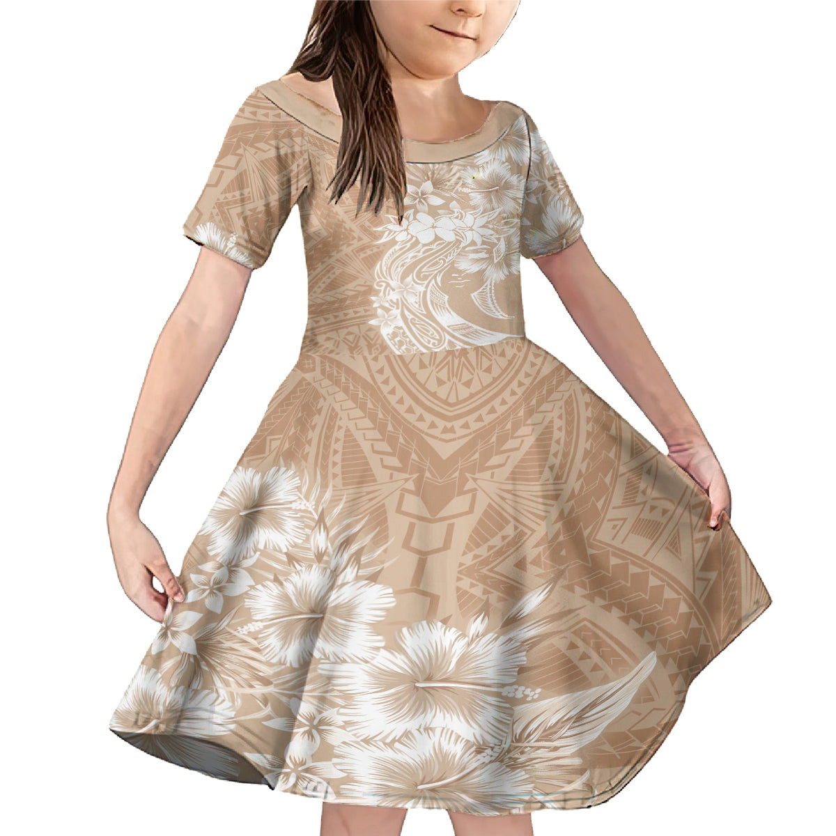 Polynesian Women's Day Family Matching Mermaid Dress and Hawaiian Shirt Plumeria Passion - Beige LT7 Daughter's Dress Beige - Polynesian Pride