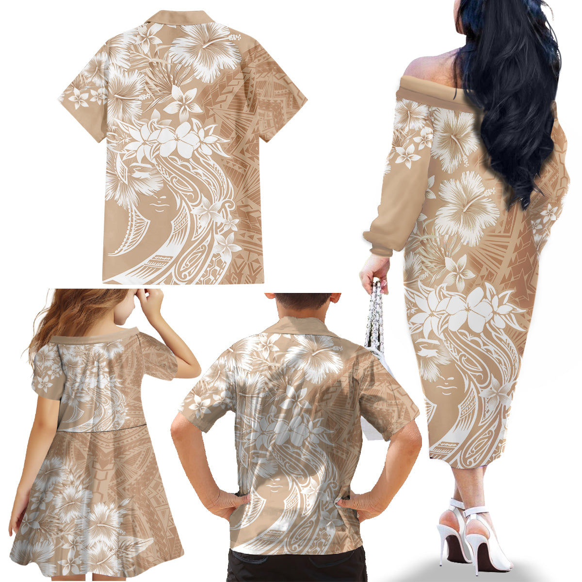 Polynesian Women's Day Family Matching Off Shoulder Long Sleeve Dress and Hawaiian Shirt Plumeria Passion - Beige LT7 - Polynesian Pride