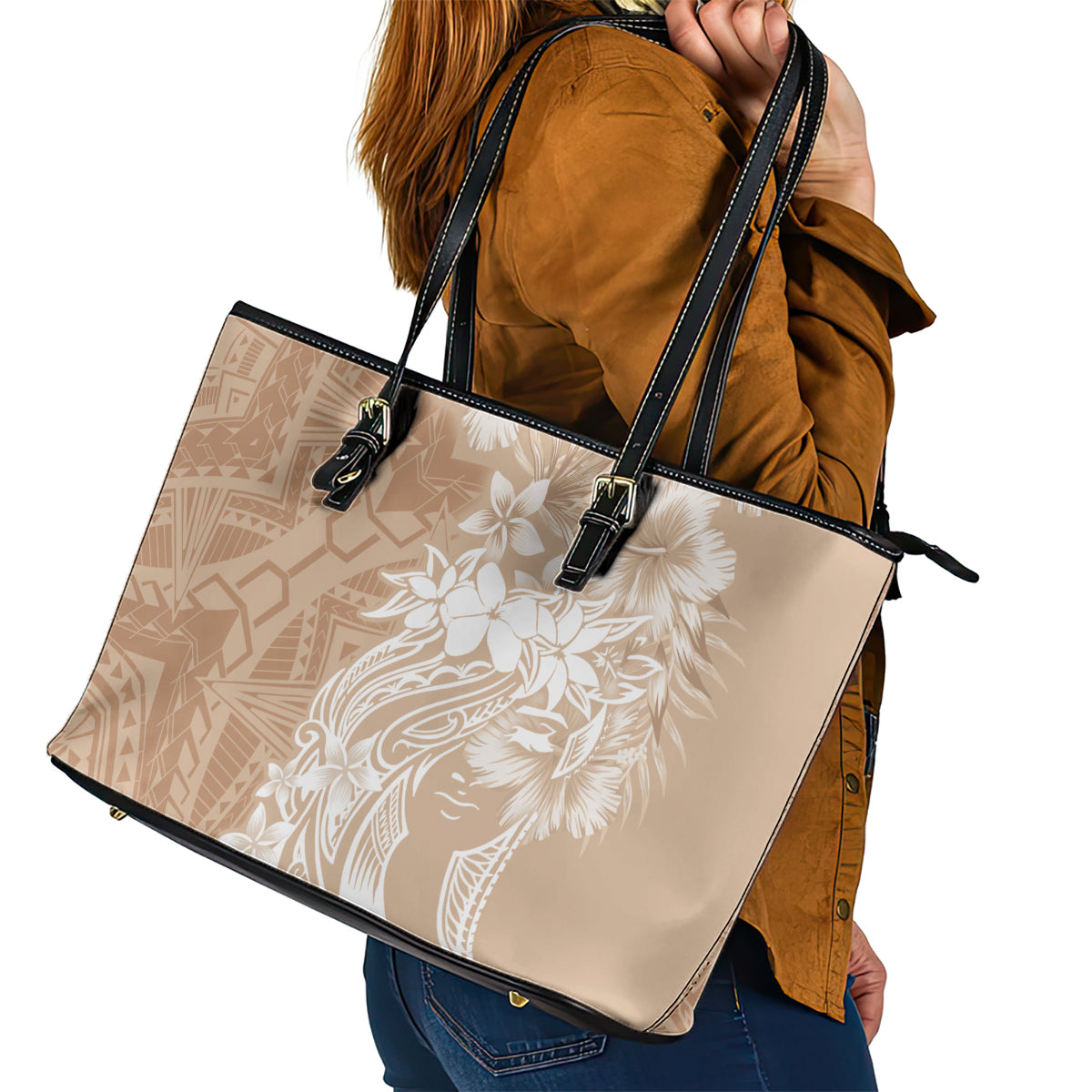 Polynesian Women's Day Leather Tote Bag Plumeria Passion - Beige LT7 - Polynesian Pride