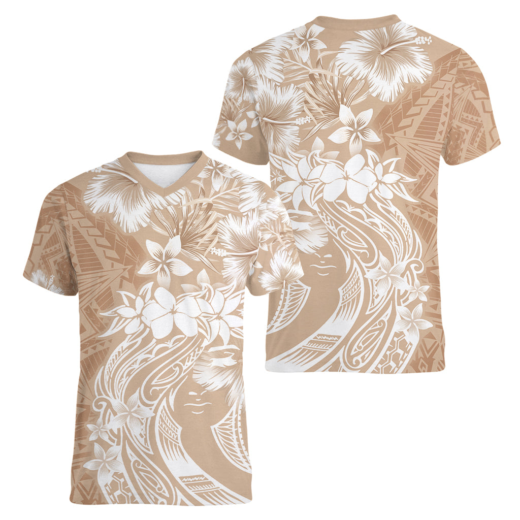 Polynesian Women's Day Women V Neck T Shirt Plumeria Passion - Beige LT7 - Polynesian Pride