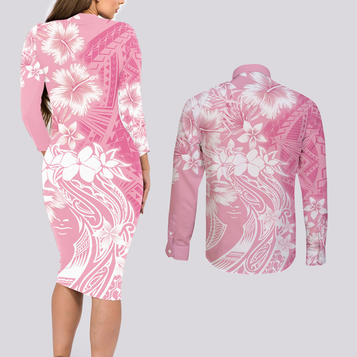 Polynesian Women's Day Couples Matching Long Sleeve Bodycon Dress and Long Sleeve Button Shirt Plumeria Passion - Pink LT7 - Polynesian Pride
