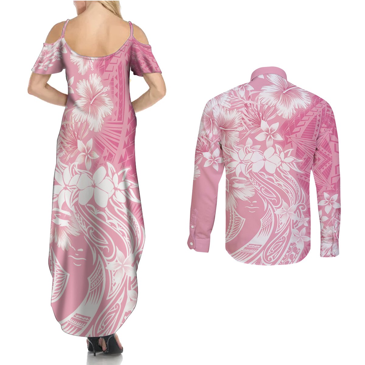 Polynesian Women's Day Couples Matching Summer Maxi Dress and Long Sleeve Button Shirt Plumeria Passion - Pink LT7 - Polynesian Pride