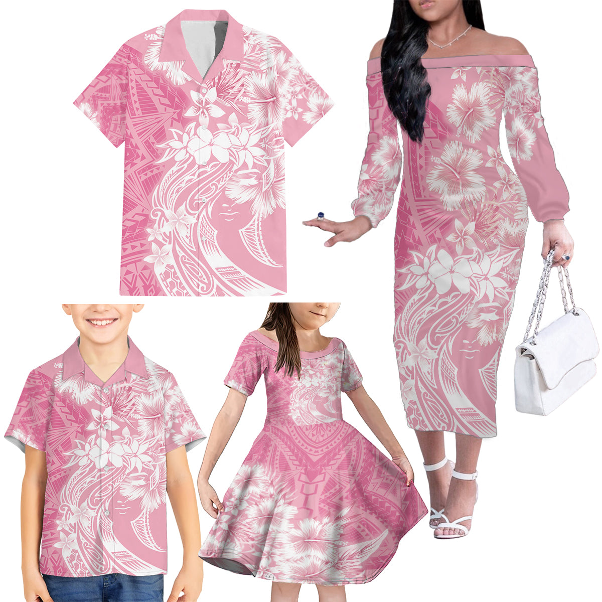 Polynesian Women's Day Family Matching Off Shoulder Long Sleeve Dress and Hawaiian Shirt Plumeria Passion - Pink LT7 - Polynesian Pride