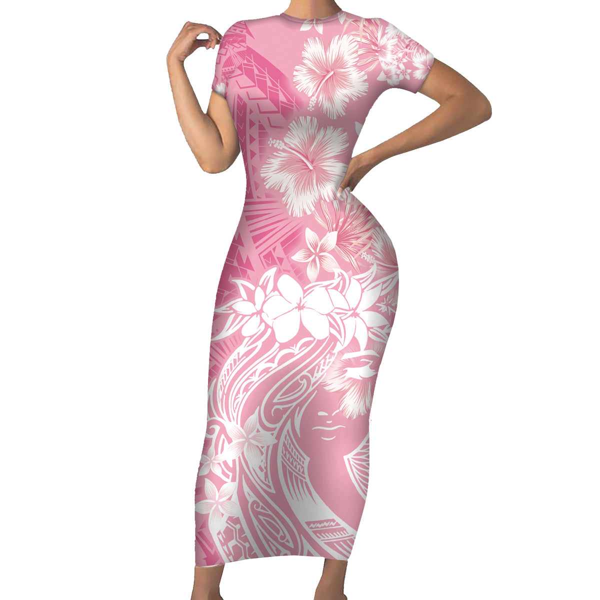Polynesian Women's Day Family Matching Short Sleeve Bodycon Dress and Hawaiian Shirt Plumeria Passion - Pink LT7 Mom's Dress Pink - Polynesian Pride