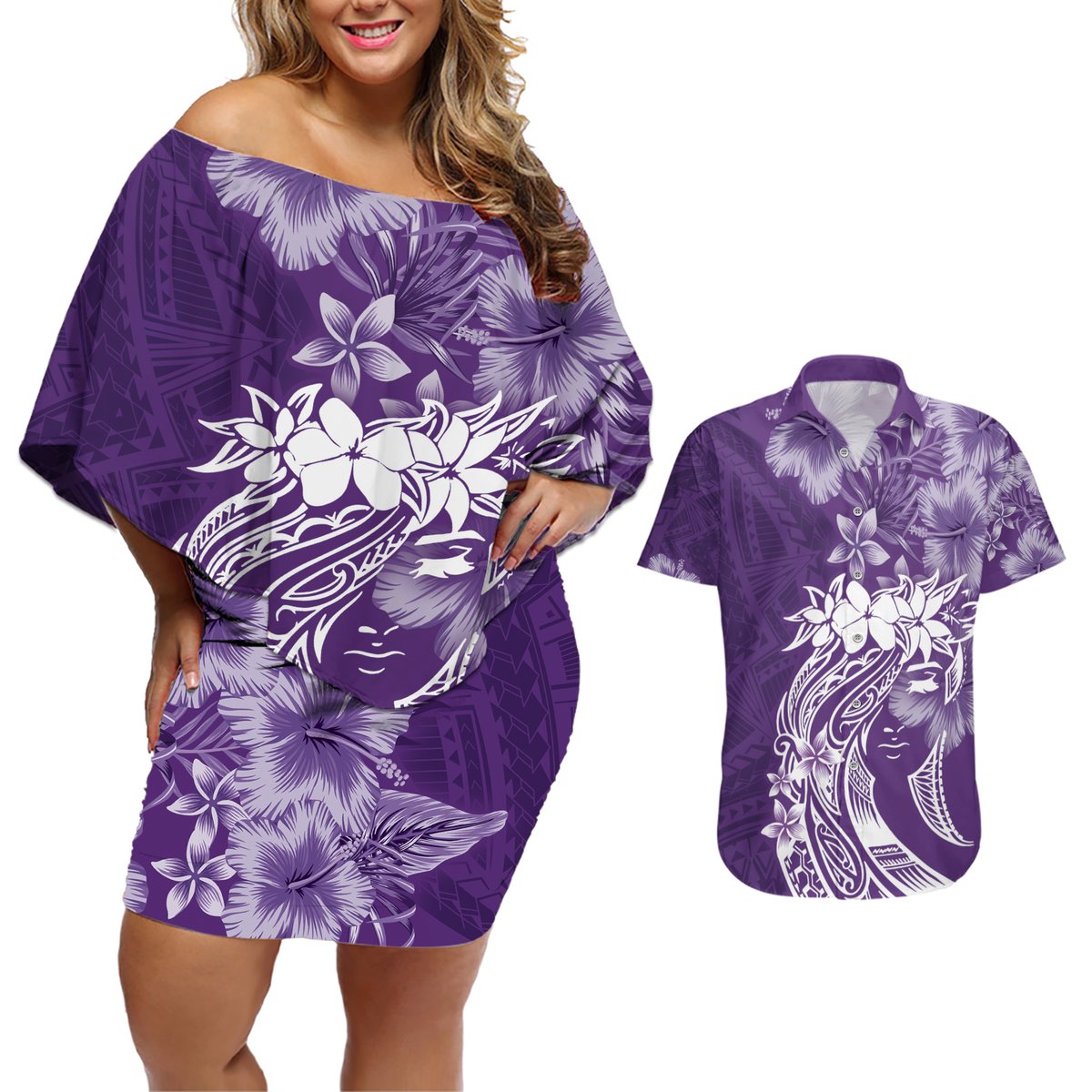 Polynesian Women's Day Couples Matching Off Shoulder Short Dress and Hawaiian Shirt Plumeria Passion - Purple LT7 Purple - Polynesian Pride