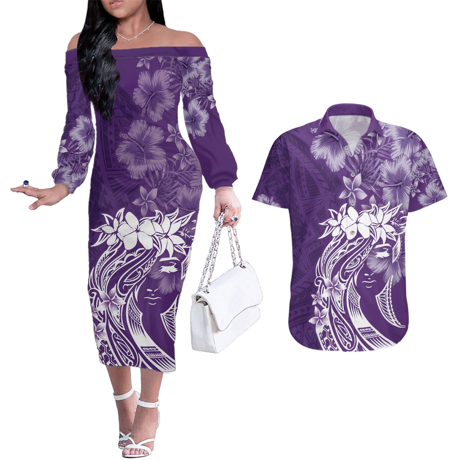 Polynesian Women's Day Couples Matching Off The Shoulder Long Sleeve Dress and Hawaiian Shirt Plumeria Passion - Purple LT7 Purple - Polynesian Pride