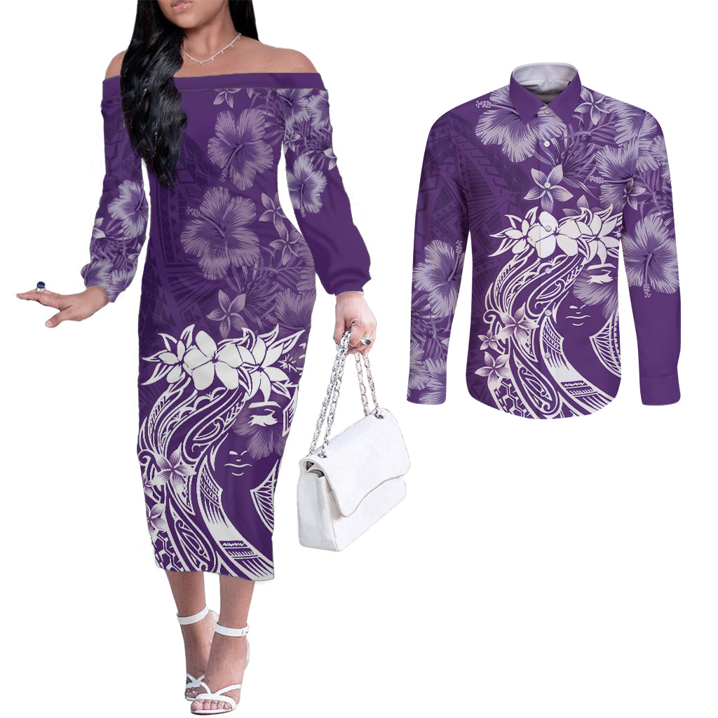 Polynesian Women's Day Couples Matching Off The Shoulder Long Sleeve Dress and Long Sleeve Button Shirt Plumeria Passion - Purple LT7 Purple - Polynesian Pride