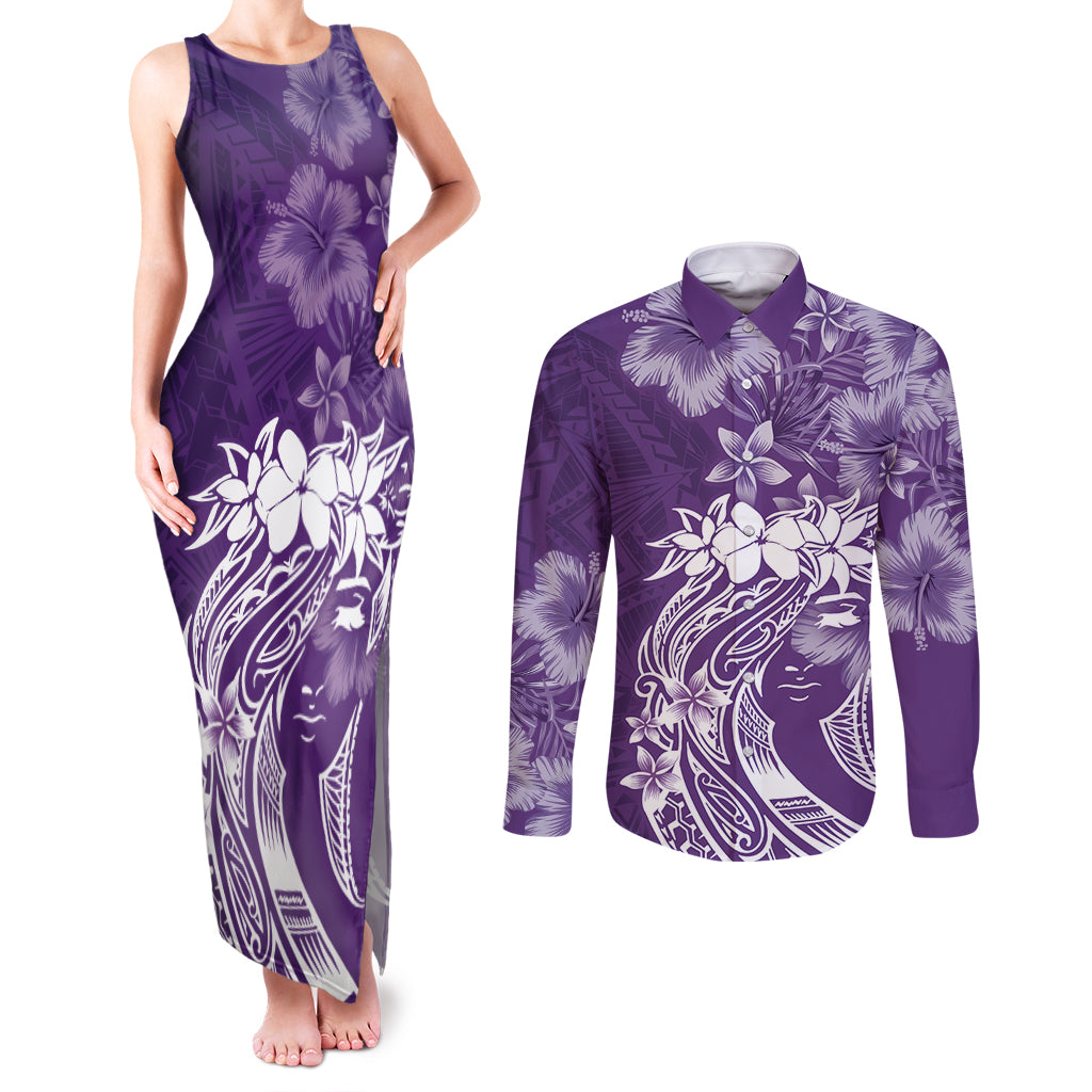 Polynesian Women's Day Couples Matching Tank Maxi Dress and Long Sleeve Button Shirt Plumeria Passion - Purple LT7 Purple - Polynesian Pride